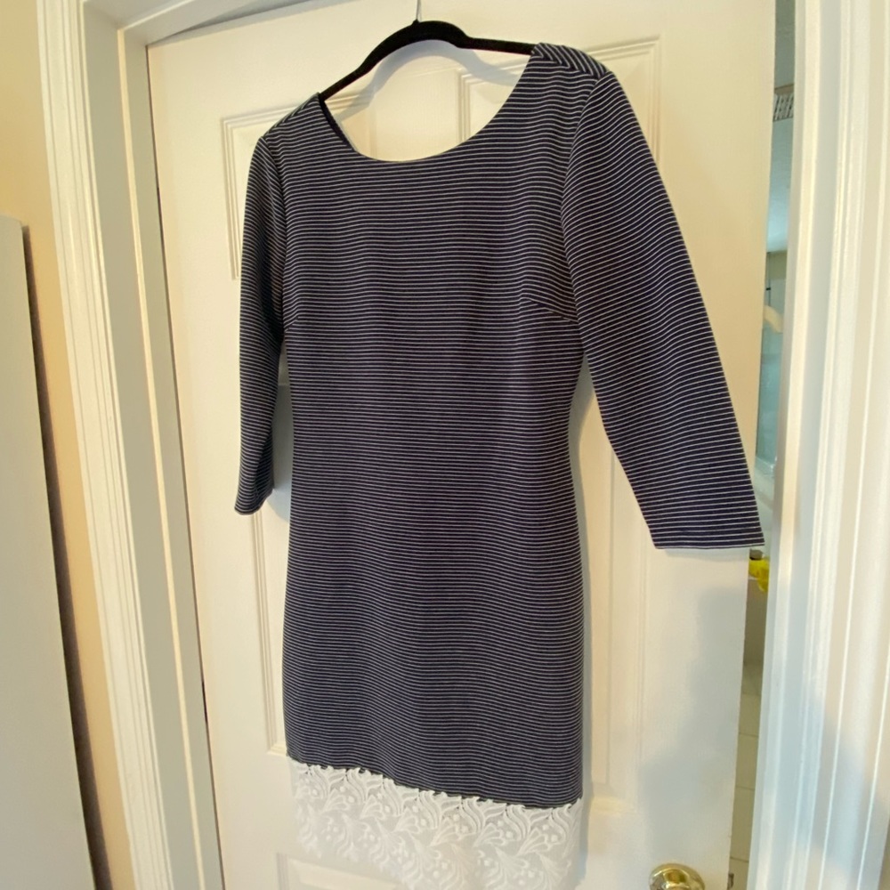 Navy/White Cremiux Sheath Dress. Lace appliqué hem